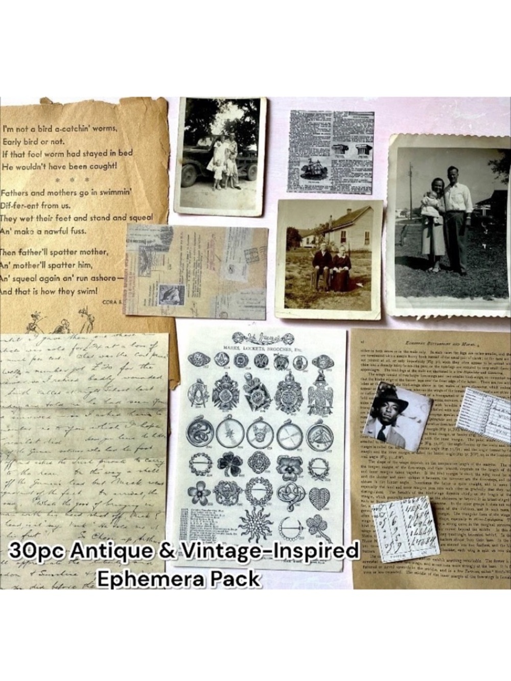 30pc Antique & Vintage-Inspired Ephemera Junk Journal Pack Mixed Media